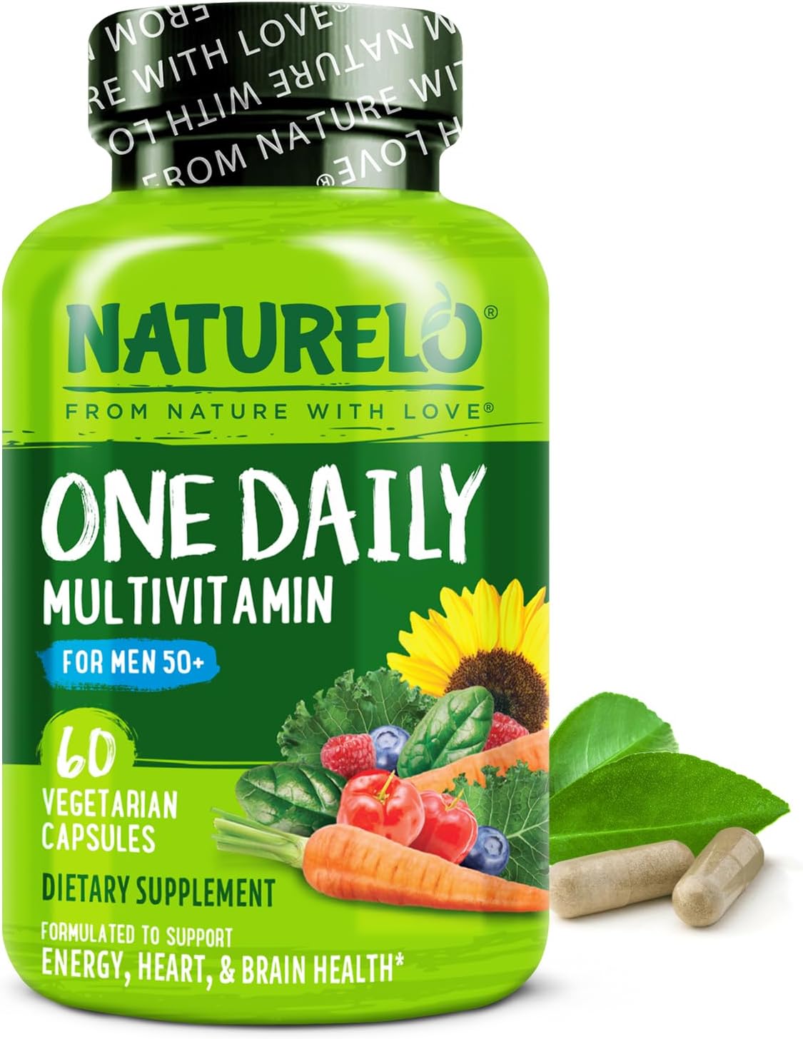 NATURELO Mens Multivitamins for Men 50+ - One Daily Multivitamin for Men with Vitamins, Minerals & Organic Whole Foods, Boost Energy & Health, Non-GMO, 60 Vegetarian Capsules