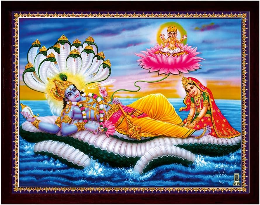 SANVIKA Lord Vishnu Poster Frame Wall Decor, Lord Vishnu Art Frame For Living Room Decor, Hindu Decor For Home Office, Pooja Room (Visnhu Resting On Sheshnag, 12" x 9")