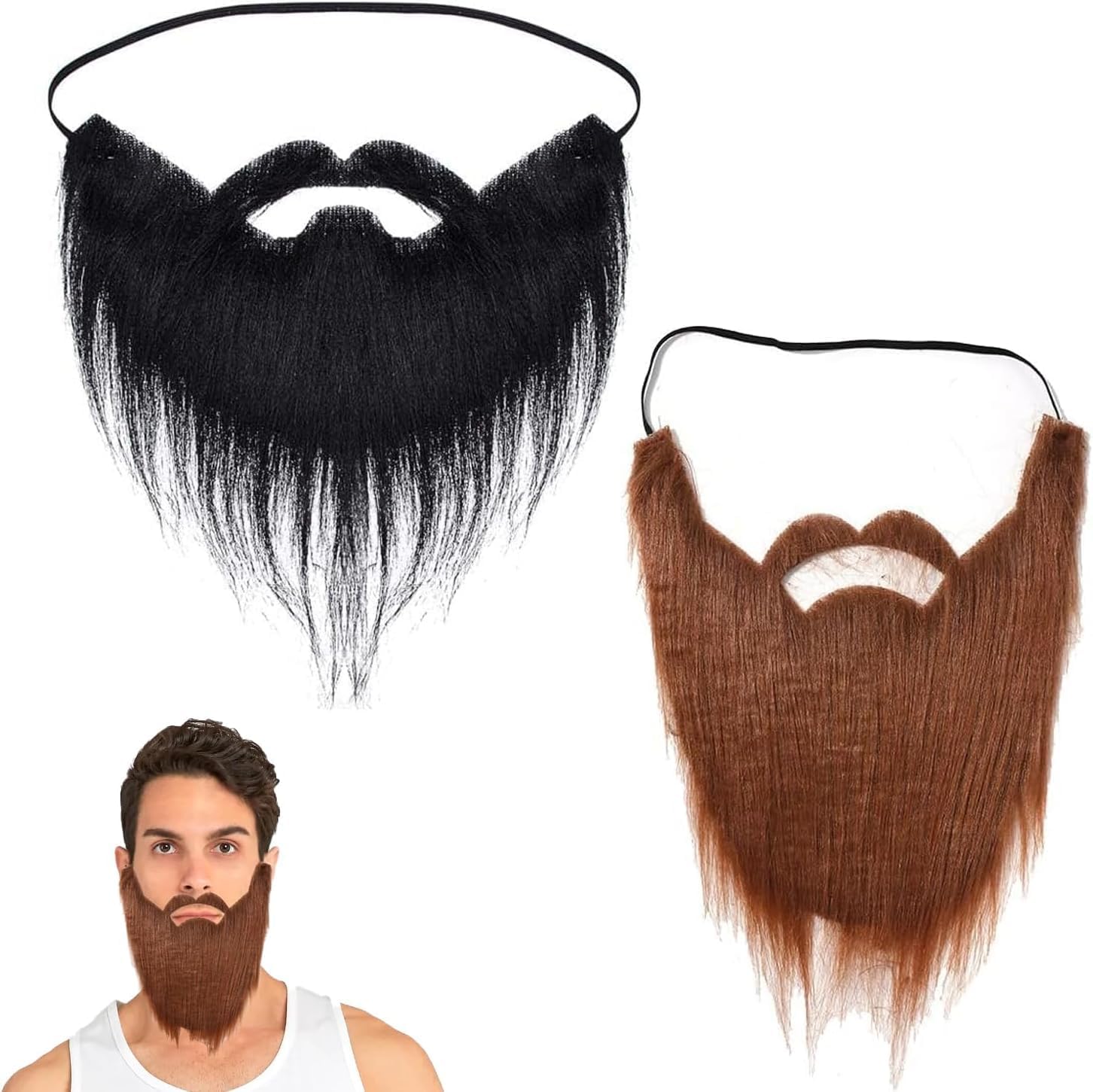 2pcs Fake Beard - Realistic False Beards and Moustaches for Costume, Party, Halloween, Fancy Dress, Reusable, Easy to Apply and Remove, Synthetic Fibers