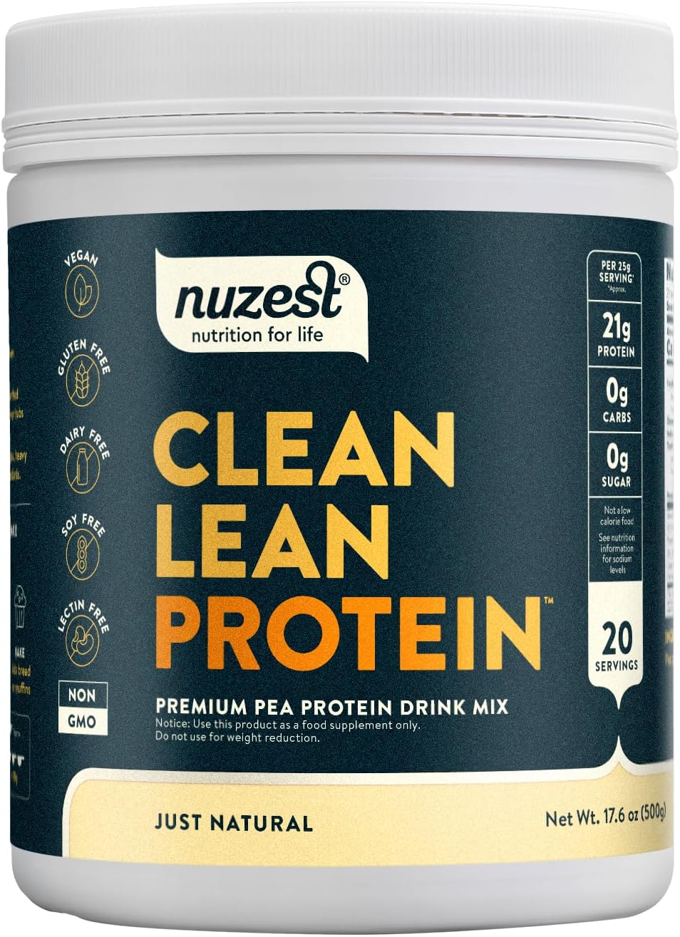 Nuzest - Pea Protein Powder - Clean Lean Protein, Premium Vegan Plant Based Protein Powder, Dairy Free, Gluten Free, GMO Free, Protein Shake, Just Natural (UNFLAVORED), 20 Servings, 1.1 lb