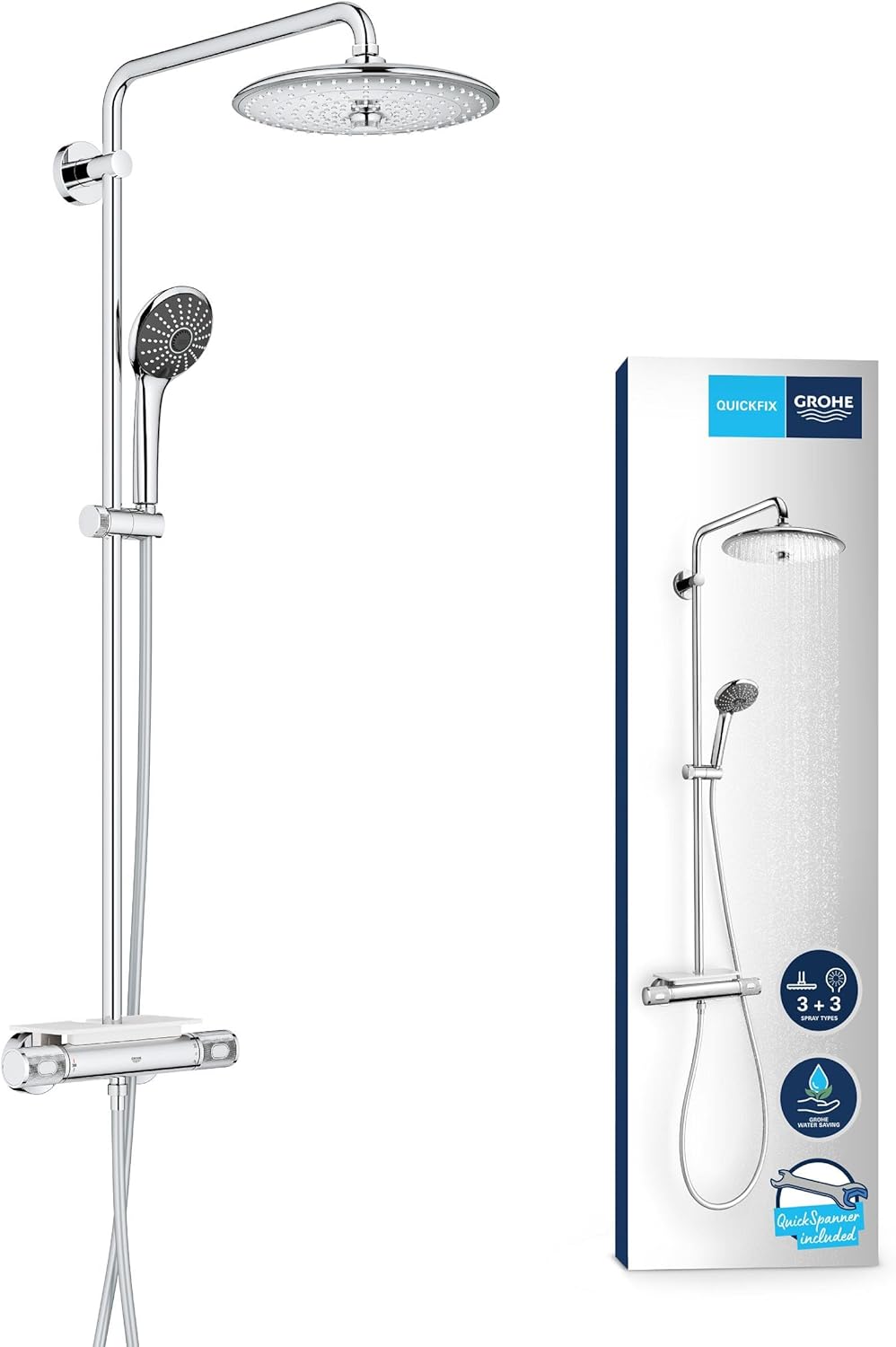 GROHE Vitalio Joy 260 - Cool Touch Thermostatic Mixer (26 cm Shower Head with 3 Spray, Toiletries Tray, 11 cm Hand Shower 3 Spray with Easy Clean Nozzles, 1750 mm Twist-Free Hose), Chrome, 26403002