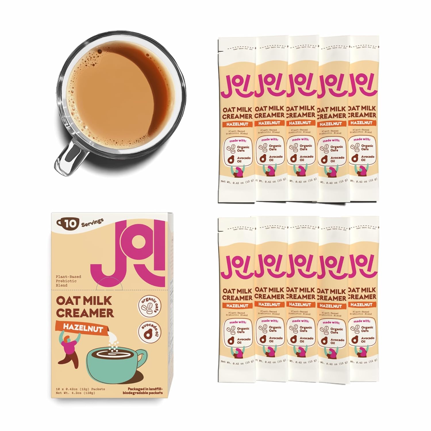 Oat Milk Coffee Creamer, Hazelnut. 10ct carton by JOI. Non-Dairy, Functional Prebiotic Superfood, Vegan, Dairy Free, Plant Based, Kosher, Non-GMO, Shelf-Stable, Barista, Fortified with Calcium. Use in Coffee or Protein Shakes. Single Serve, Travel Packs. Low Sugar. Contains Organic, Glyphosate-free Oats and Avocado oil. Zero Gums, Perservatives, or Seed Oils.