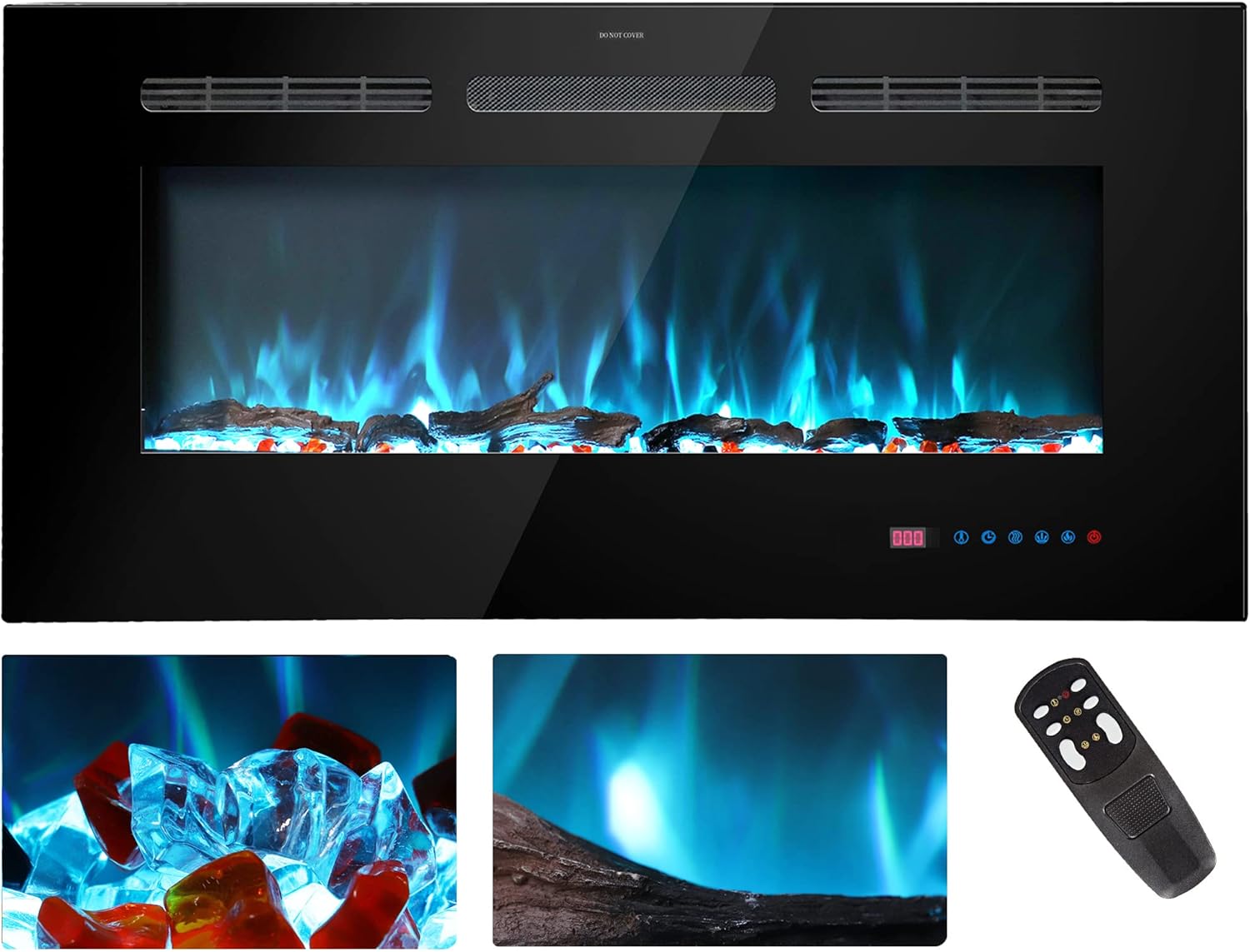 36 inches Electric Fireplace Inserts, Recessed and Wall Mounted Fireplace Heater, Linear Fireplace w/Thermostat, Remote & Touch Screen, Multicolor Flame, Timer, Logs & Crystal, 750W/1500W