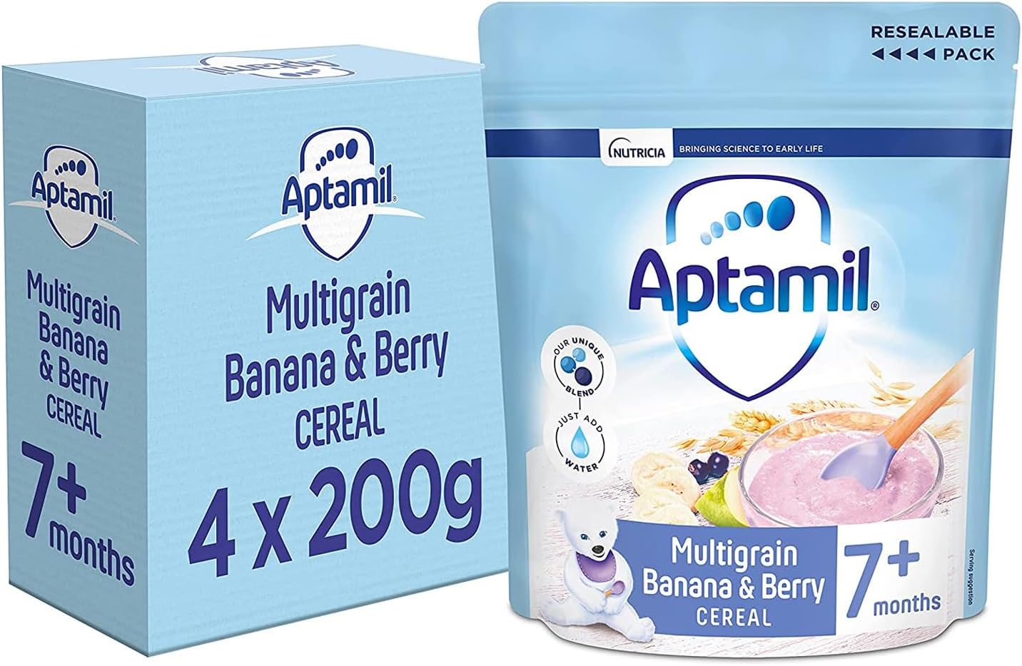 Aptamil Multigrain Banana & Berry Porridge Baby Food Cereal, 7+ Months, 200g (Pack of 4)