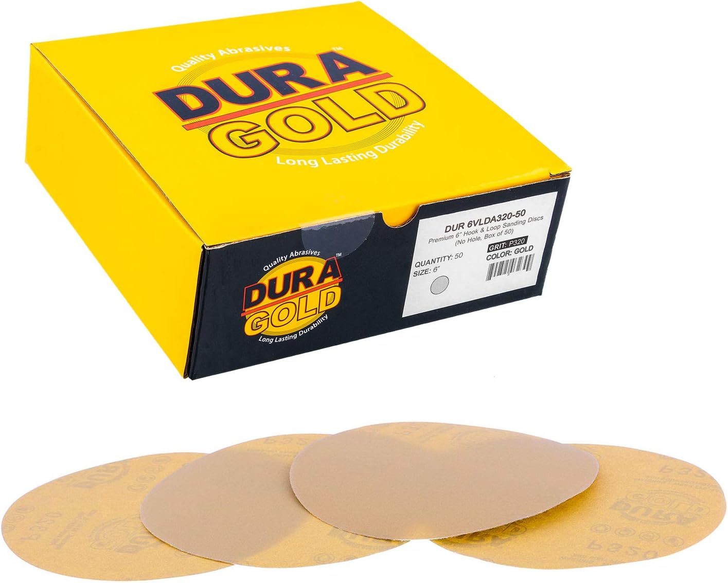 Dura-Gold Premium 320 Grit 6" Gold Sandpaper Discs, No Hole Pattern Dustless, Box of 50, Hook & Loop Backing for DA Sander, Finishing Coarse Sanding Abrasive Automotive Paint, Woodworking Wood, Metal
