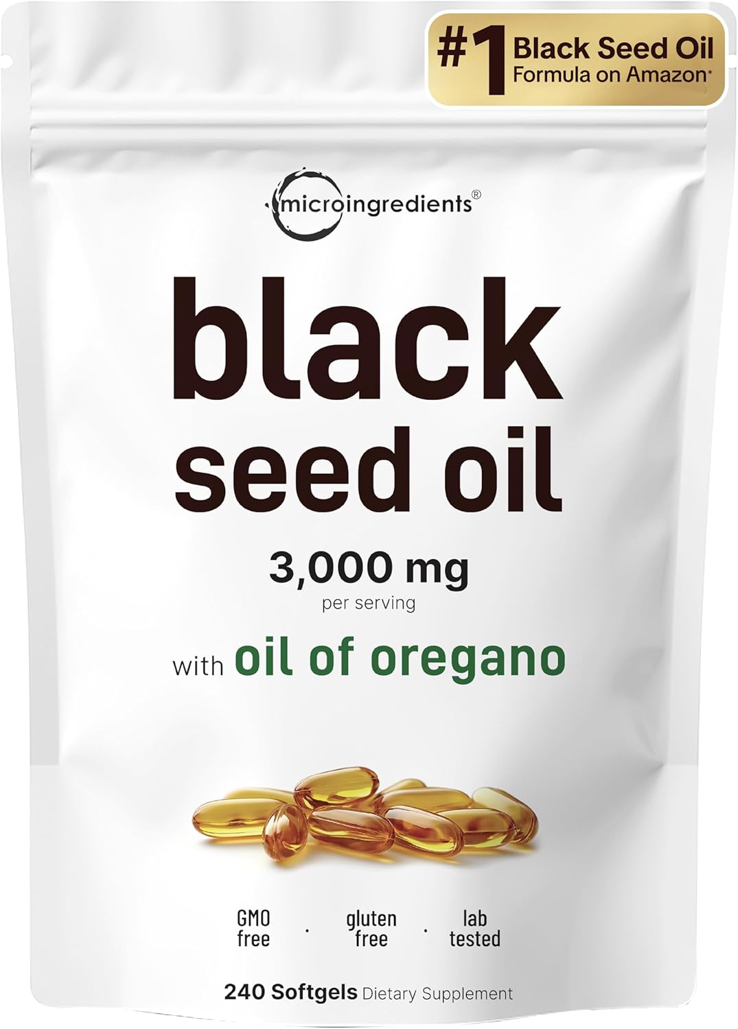 Micro Ingredients Black Seed Oil Softgels, 3,000mg, 240 Count | 2-in-1 Formula with Oil of Oregano, Carvacrol & Thymoquinone | Plant Based, Non-GMO, & Immune Support
