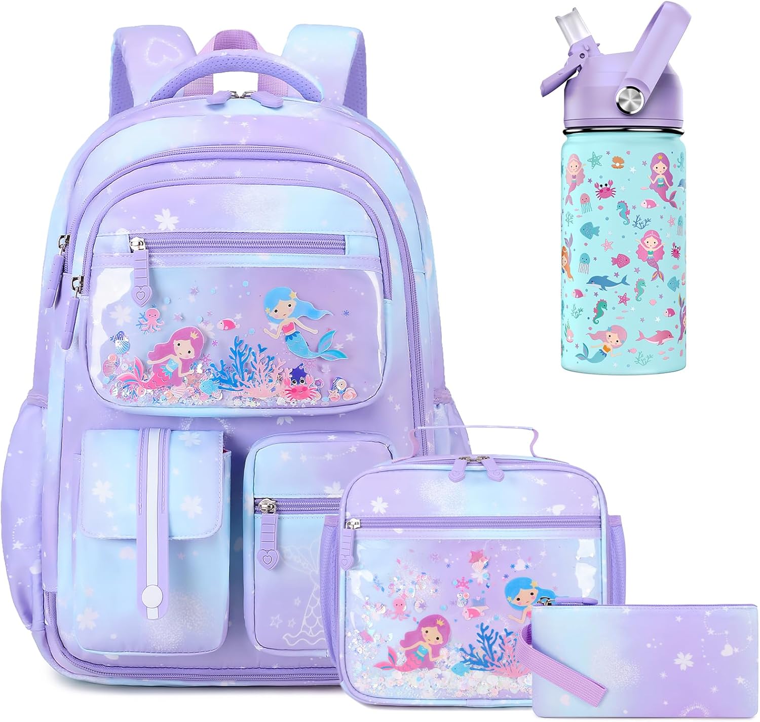 Kids School Backpack for Girls, Mermaids Bookbag Backpack with 14OZ Water Bottle, Lunch Bag Set for GirlsTeens Middle Student, Girls Backpack for School (4pcs Water Bottle)