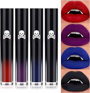 QiBest 4pcs Matte Liquid Lipstick Makeup Sets, High Pigmented Dark Black Blue Purple Red Lip Gloss Set, Waterproof Smudge-proof Lip Stain Kit for Halloween Cosplay Goth Costume Makeup