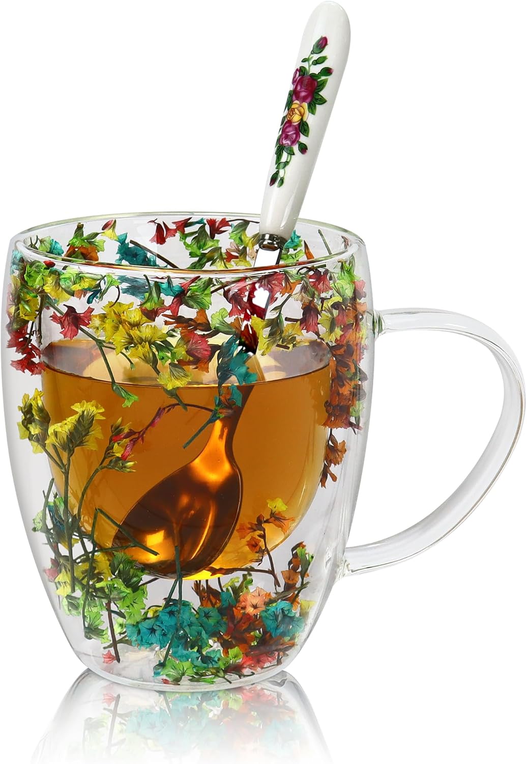 Dried Flowers Glass Tea Cups with Spoon, Glass Coffee Mugs 350 ML Insulated Heat Resistant for Hot and Cold Drinks Double Wall Glass Mugs for Coffee Milk Latte Juice Ice Cream Birthday Gifts for Women