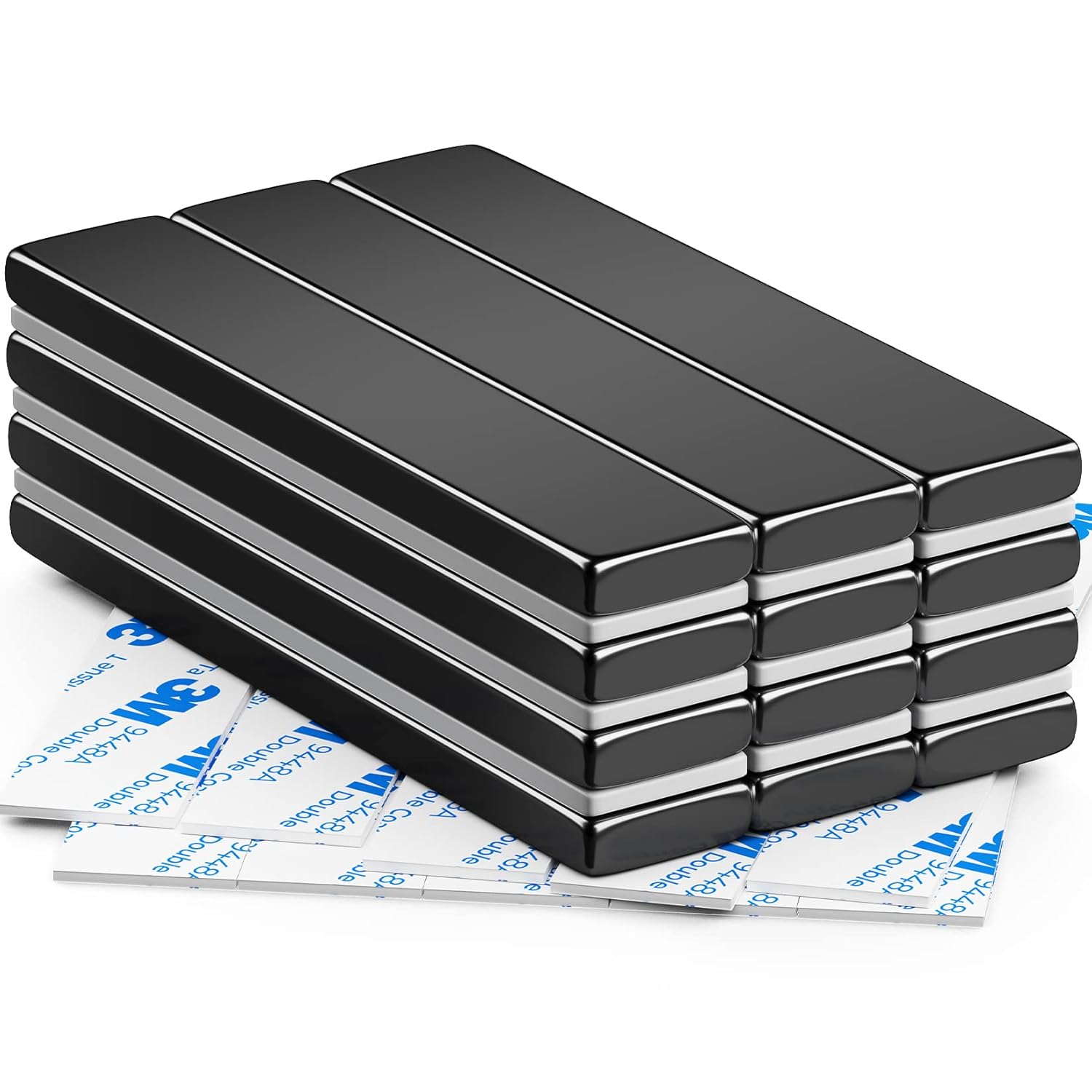 FINDMAG 12 Pack Strong Magnet, 60 x 10 x 3 mm Black Magnets Bar, Magnetic Strips, Magnets with Double-Sided Adhesive, Magnetic Bar, Permanent Powerful Fridge bar for Whiteboard, Tools, Kitchen, DIY