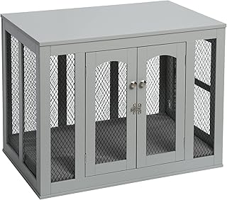 Scurrty 38.5 Inch Wooden Dog Crate Large Dog Crate Furniture with Double Doors, Dog Kennel Indoor Use with Cushion, XL Large Medium Small Dog Cage (Grey-L)