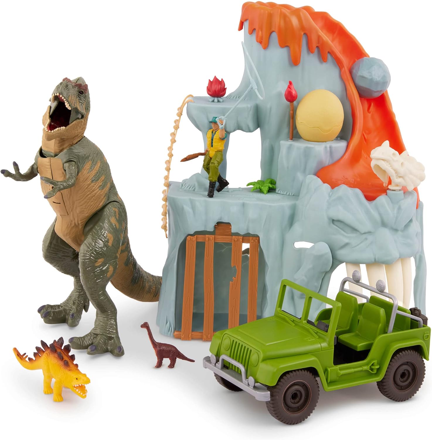 Terra by Battat – 14 Pieces Lava Mountain T-Rex Adventure Playset with Electronic Dinosaur, Light – Up Eyes & Movable Roaring Action – Exciting Toy for 3+ Years