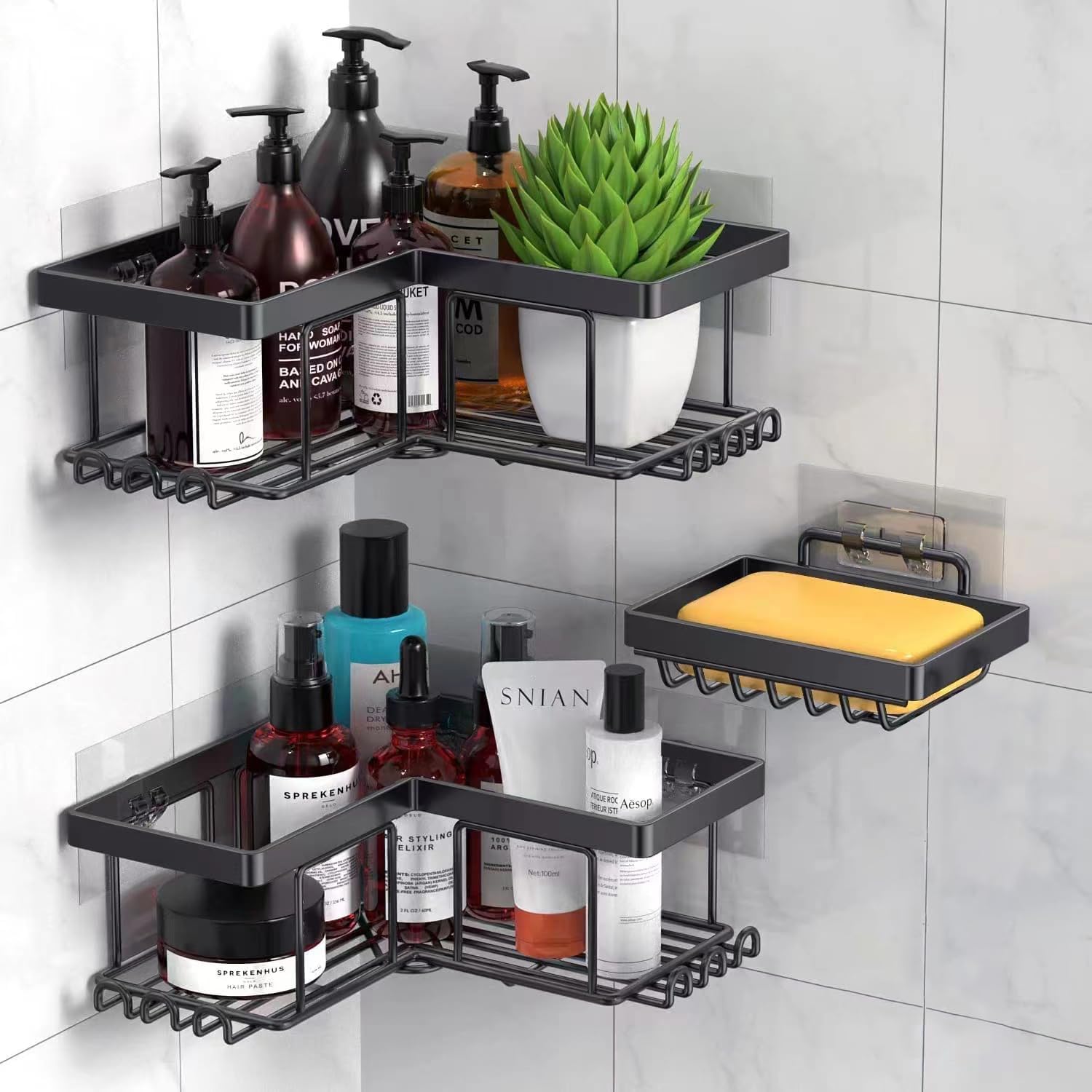 TRAYINDALY Corner Shower Caddy 3 Pack, Shower Shelf No Drill, Bathroom Corner Shelves, Adhesive Shower Storage Rack with Soap Holder, Black Bathroom Shower Organiser Accessories