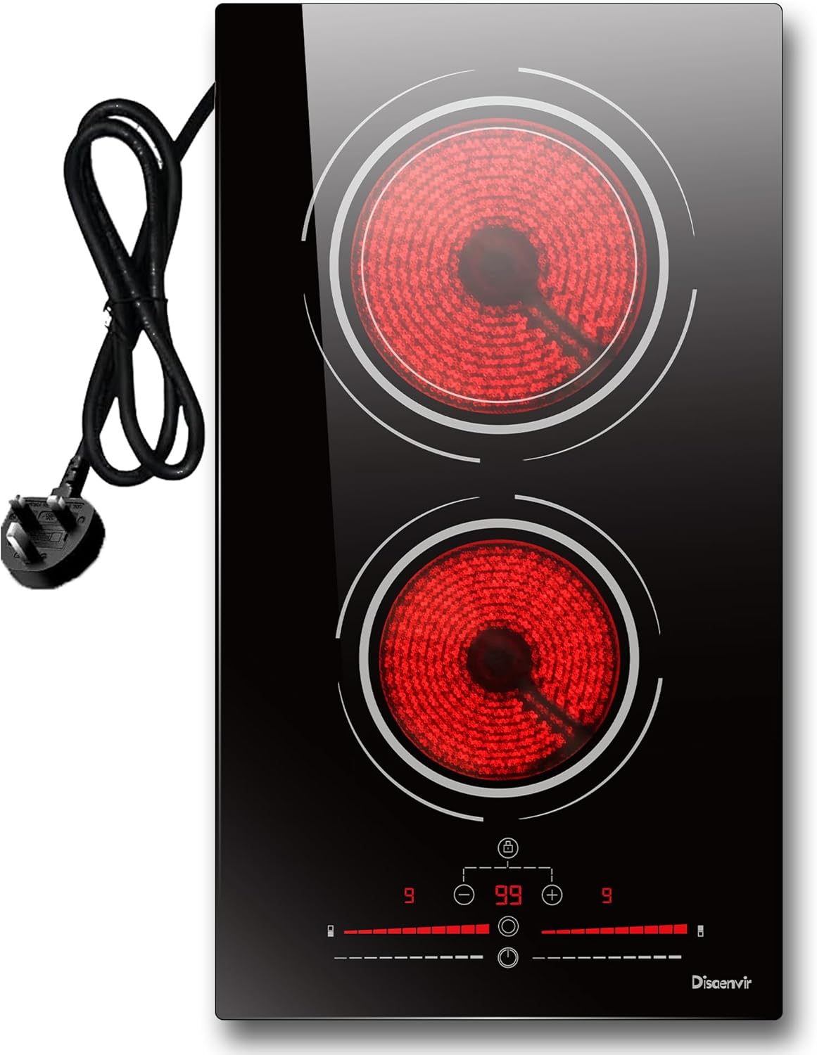 Electric Cooktop in Ceramic Dual Ring, 2 Burner Plug in Portable Electric Hob 2800W, 30cm Built-in & Countertop Stove Top with Extended Zone, Slide Control & Touch Control, Safety Lock