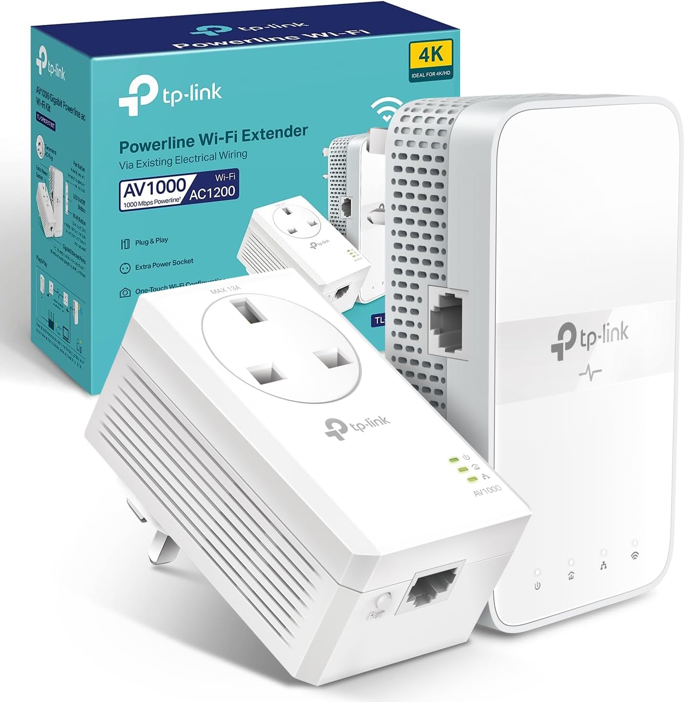 TP-Link TL-WPA7617 KIT AV1000 Powerline Adapter WiFi Extender, WiFi 1200Mbps, Ethernet Ports, Powerline WiFi Extender, Powerline Network Adapters, Plug & Play, 4K video streaming & Online Gaming