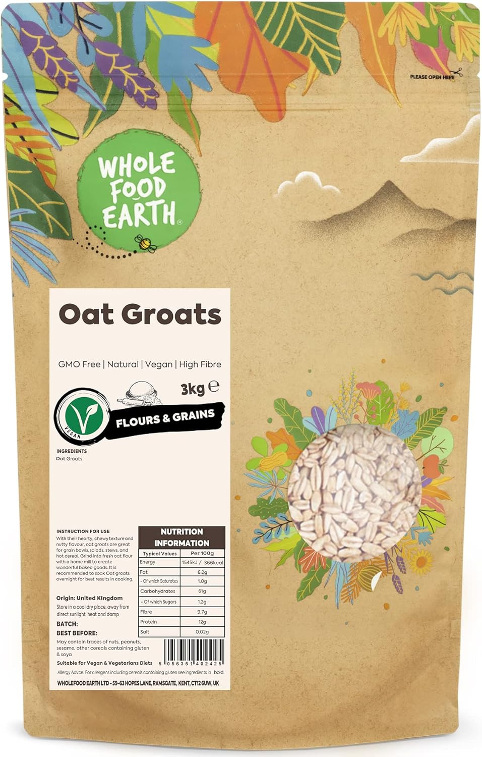 Wholefood Earth Oat Groats 3 kg | GMO Free | Natural | High Fibre
