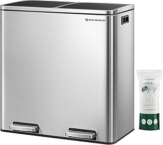 SONGMICS Trash Can, 2 x 8 Gallon (2 x 30 L) Garbage Can for Kitchen, with 15 Trash Bags, 2 Compartments, Plastic Inner Buckets and Hinged Lids, Airtight, Silver and Black ULTB60NL