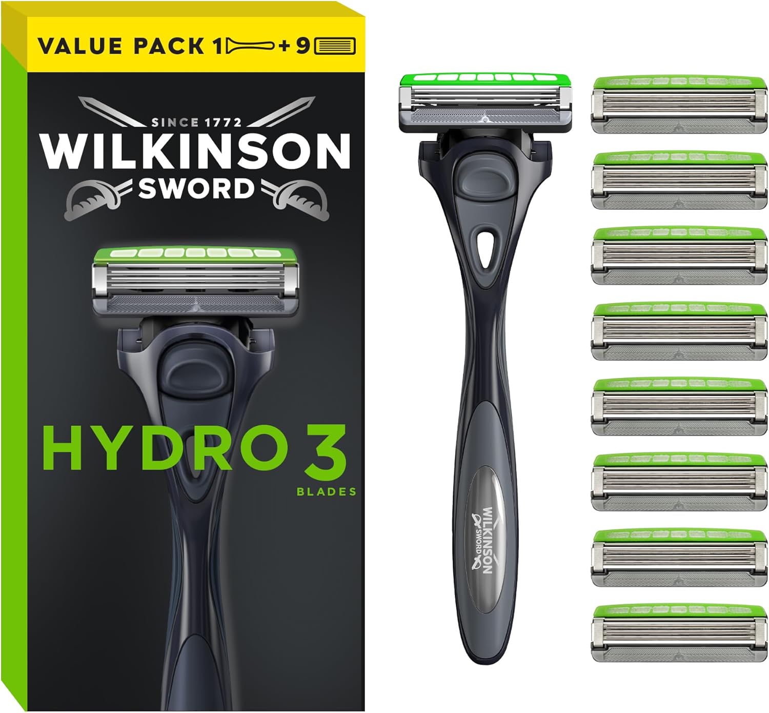 Wilkinson Sword Hydro 3 Men’s Razor, Great Addition to Wash Bags for Men's Grooming, Great Shavers for Routine Shaving, 1 Reusable Handle plus 9 Blades Refills Pack