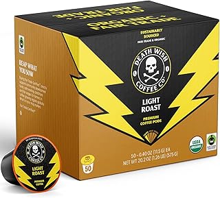 Death Wish Coffee, Organic and Fair Trade, Single Serve Coffee Pods, (Light Roast, 50 Count)