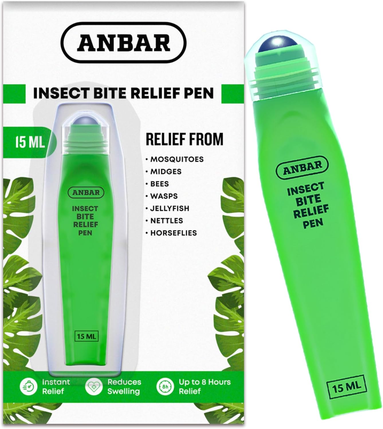 Anbar Bug Bite Relief Pen for Mosquitos, Wasps, Nettles, and Insects, 15 mL, Fast Acting Instant Relief, Deet Free, Gentle on Sensitive Skin, Anti-Itch Support for Kids and Adults