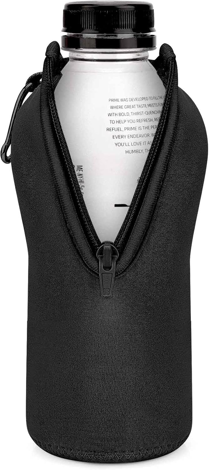 Linkidea Disposable Water Bottle Sleeve Compatible with 16.9Fl Oz PRIME Hydration, BODYARMOR, Gatorade Fit, Insulated Neoprene Plastic Sports Drink Cover with Lockable Zipper, Black