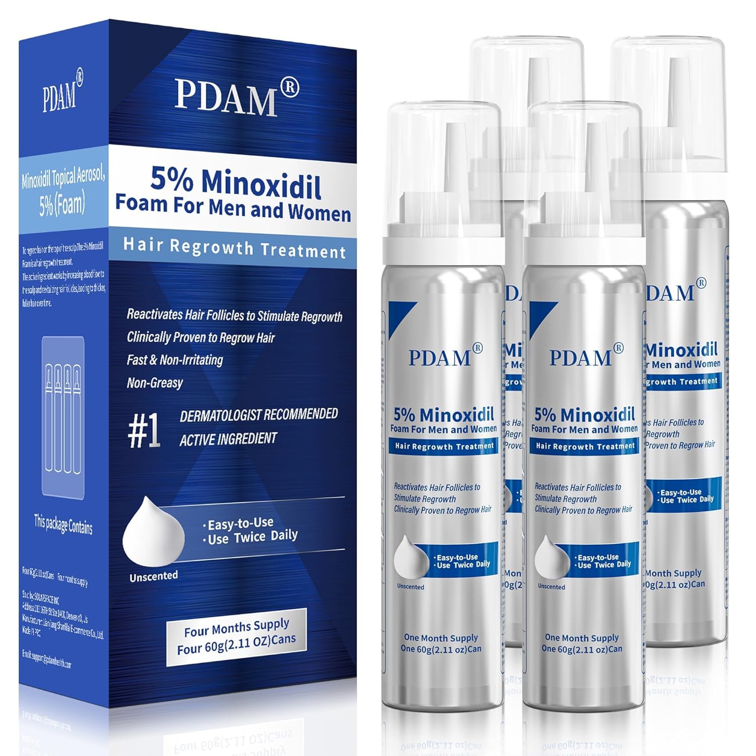 PDAM 5% Minoxidil for Men and Women Foam – Clinically Proven to Regrow Thinning Hair, Topical Hair Loss Treatment, Maximum Strength Foam for Thicker & Fuller Hair, 4 Month Supply (4 x 2.11 oz)