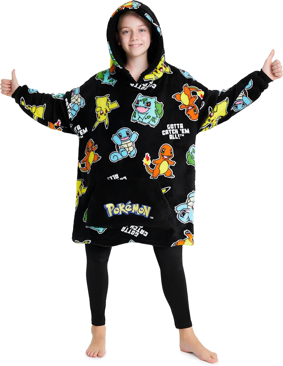 Pokemon Pikachu Blanket Hoodie for Kids Teens Fleece Wearable Blanket Charizard Bulbasaur Squirtle Cozy Hooded Blanket Loungewear Anime Gifts (Black Aop)