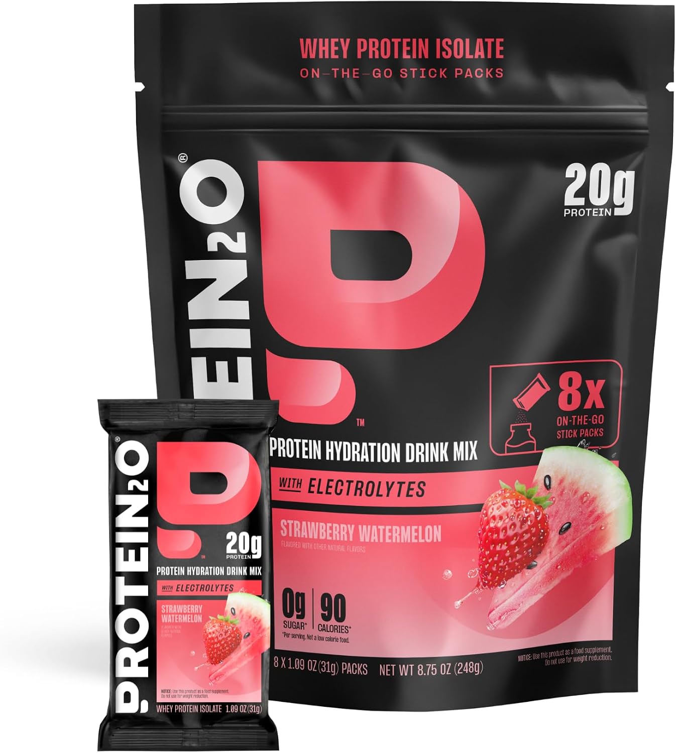 Protein2o 20g Whey Protein Isolate Clear Protein Powder, 360mg of Electrolytes, Vitamins B5 & B6, Sugar Free, Strawberry Watermelon, 8-Pack