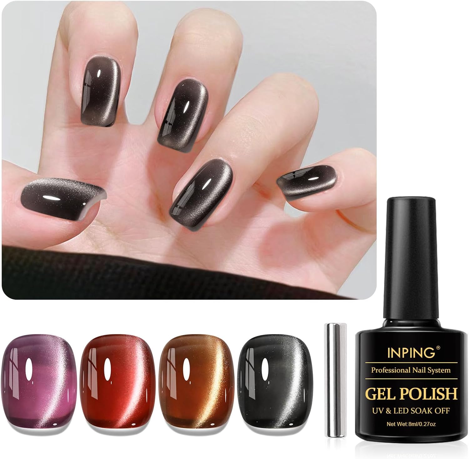 Cat Eye Gel Nail Polish, 4 Colors Jelly Glass Red Black Purple Brown Crystal Magnetic Cat Eye Sparkle Glitter Magnetic Gel Polish Soak Off UV/LED Nail Art Varnish Kit for Women, 8 ML