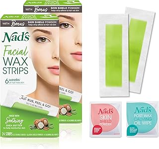Nad's Facial Wax Strips - Facial Hair Removal for Women - Waxing Kit With 48 Face Wax Strips + 8 Calming Oil Wipes + Skin Protection Powder