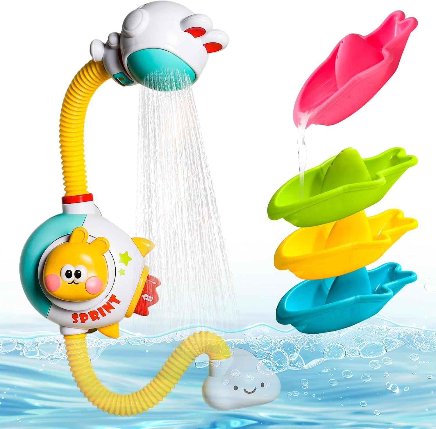 Toddler Bath Toys for Kids Ages 1-3 Baby Bath Shower Head Sprayer for Bathtub-4 Stackable Shark Toy Boats with Bath Toys for Toddlers 1 2 3 4 Year, Water Table & Pool Play(6-12 Months+)