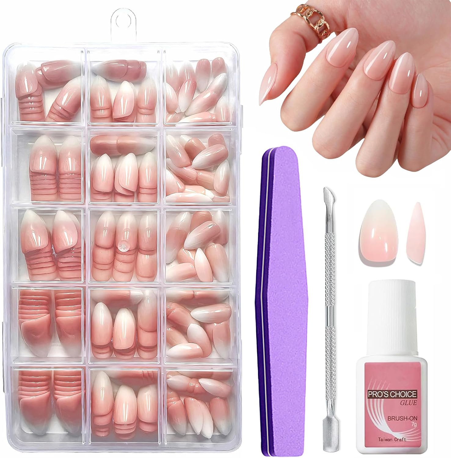 Almond False Nails Set - 240Pcs French Press on Nails with Glue - Pink Gradient Color French False Nail Kit - 15 Sizes Glossy Full Cover Stick on Nail Fake Nail Art Manicure