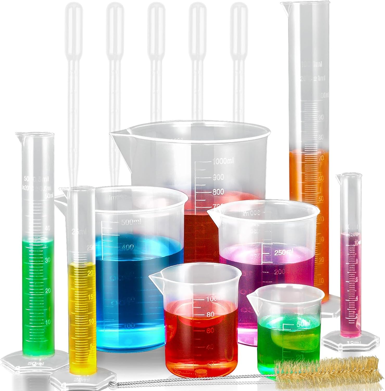 moveland Plastic Graduated Cylinders and Beakers with 5 Pipettes, 10ml 25ml 50ml 100ml Cylinders, 50ml 100ml 250ml 500ml 1000ml Beakers, Ideal for DIY and Kids Science Lab