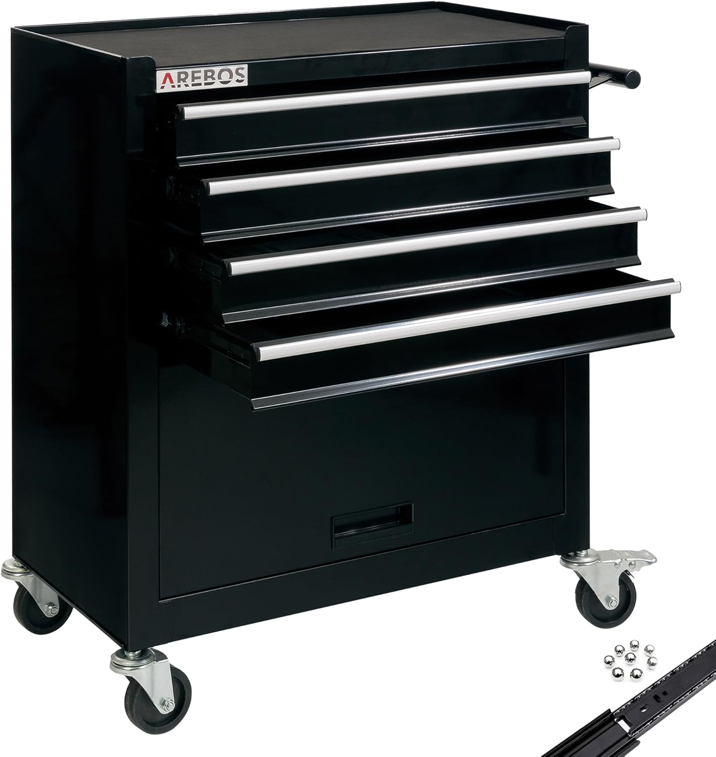 Arebos Tool cabinet cart workshop trolley on wheels portable | Black | 4 drawes + 1 compartment for tools | incl. anti-slip mats | drawers with ball bearings