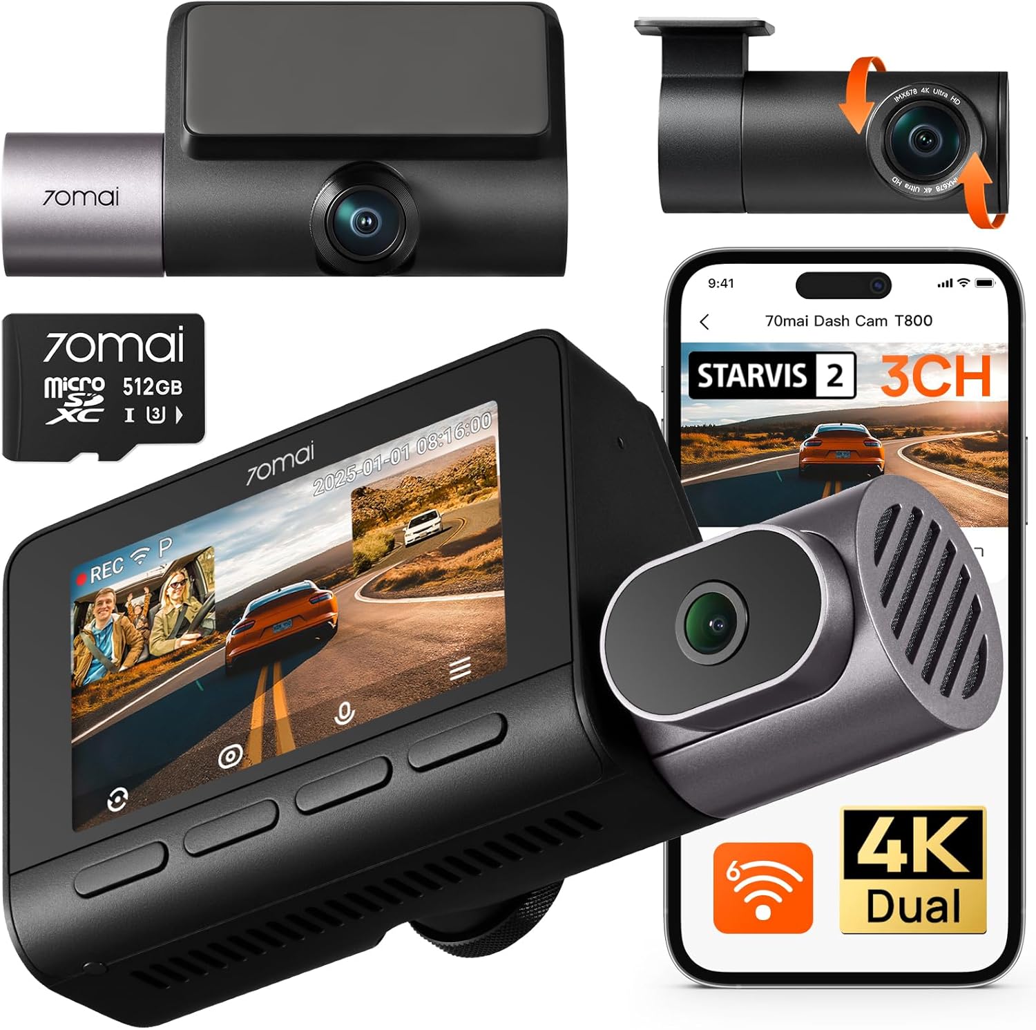 70mai Dash Cam 4K T800 3-Channel 2160P+2160P+1080P Front and Rear Inside, 3 HDR Dual STARVIS 2 Car Camera, Night Vision, Voice Control, Support 4G LTE, Motion Detection, Parking Mode, 256GB SD Card