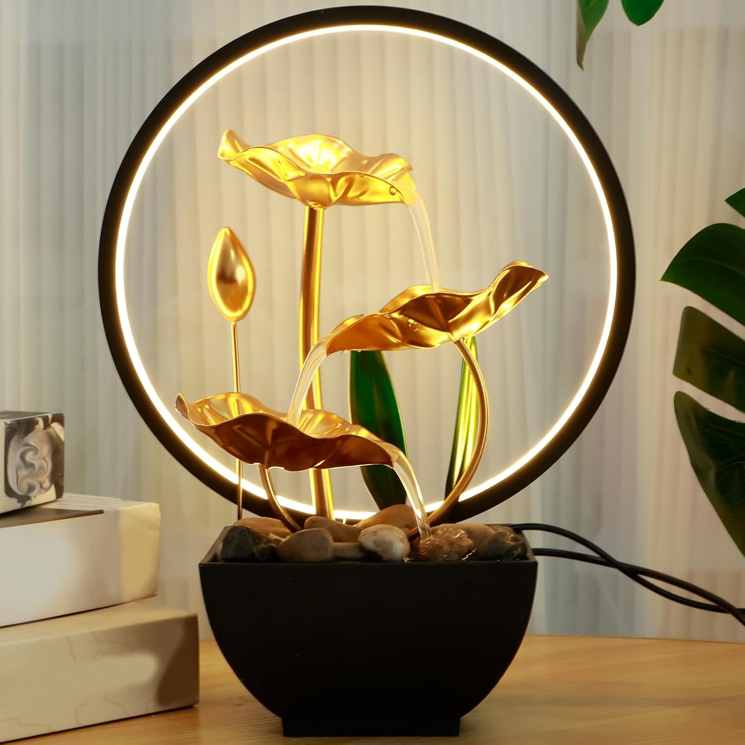 Indoor Tabletop Fountain Water Feature with Rocks and LED Ring Lights, Iron, Style C, 28x22x13cm
