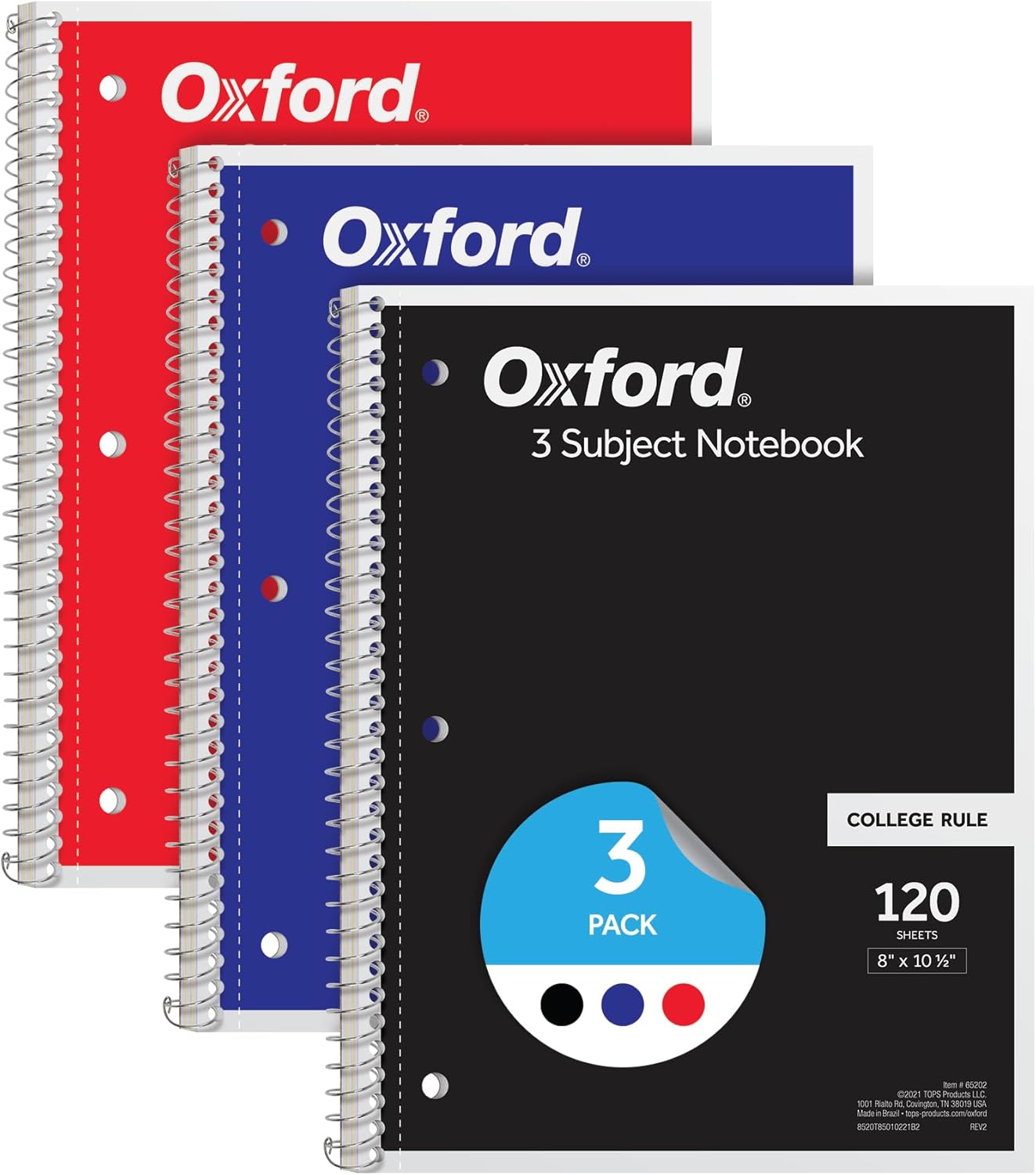 Oxford Spiral Notebook 3 Pack, 3 Subject Journal, 3-Hole Punch, College Ruled Paper, 2 Dividers, 8 x 10-1/2 Inches, Black, Red, Blue, 120 Sheets (65202)