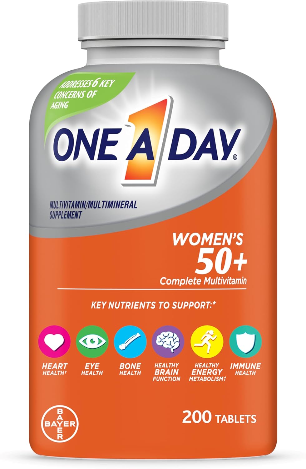 One A Day Women’s 50+ Multivitamins Tablet, Multivitamin for Women with Vitamin A, C, D, E and Zinc for Immune Health Support*, Calcium & more, 200 Count