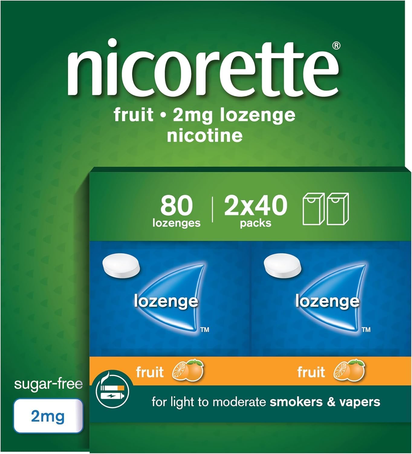 Nicorette Fruit 2mg Lozenge, 80 Lozenges (2 x 40 Packs), Effective and Discreet Quit Smoking Aid for Cigarettes, Nicotine Lozenges with Dual-Layer Fruity Flavour Release