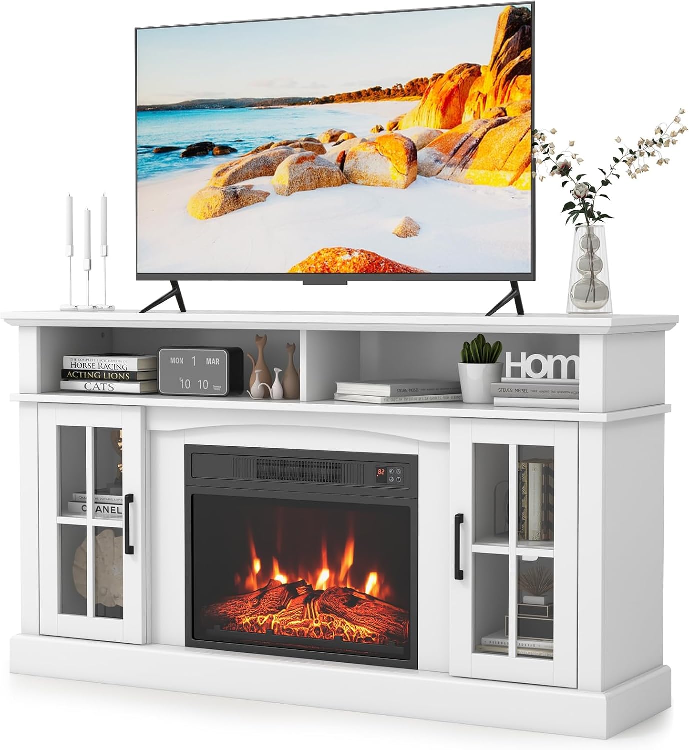 RELAX4LIFE Electric Fireplace TV Stand for TVs up to 65’’, Media Entertainment Center w/23’’ Fireplace Insert, 3-Level Flame, Remote Control & Storage Cabinet, TV Console Table for Living Room (White)