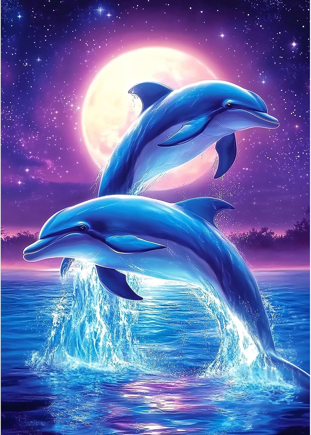 MXJSUA Jumping Dolphins DIY Diamond Painting by Number Kits for Adults, Animal 5D Round Drill Diamond Gem Art Painting Picture Arts Kits Craft for Home Wall Decor 30x40cm