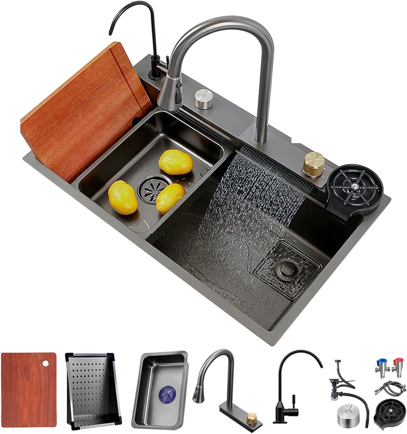 Earnmore Kitchen Sink, Modern Gun Grey Stainless Steel, 75*45*20cm, Drop-In or Undermount, 2 Holes, Kitchen Sink