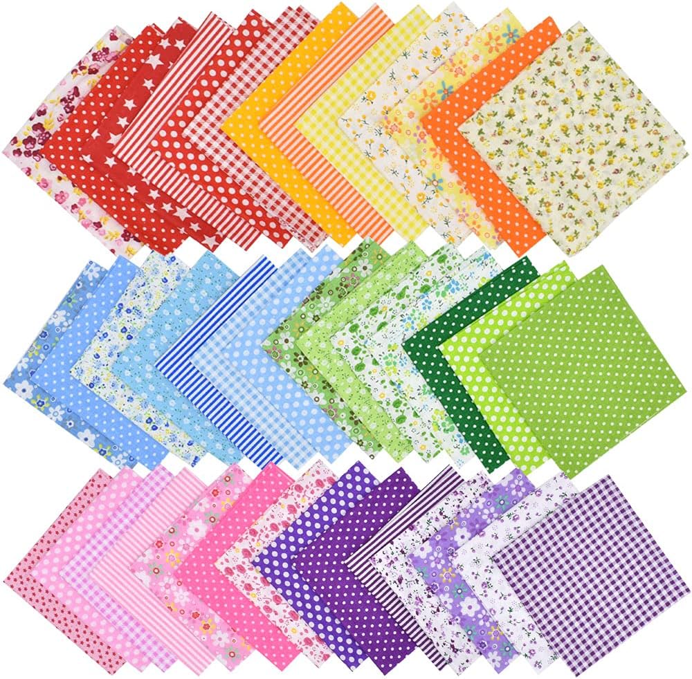 42Pcs 10"x10" Quilting Cotton Fabric Squares Sheets Pre-Cut Multi-Color Design Printed Floral Craft Fabric for DIY Sewing Scrapbooking Quilting Craft Patchwork (Red/Pink/Yellow/Green/Blue/Purple)