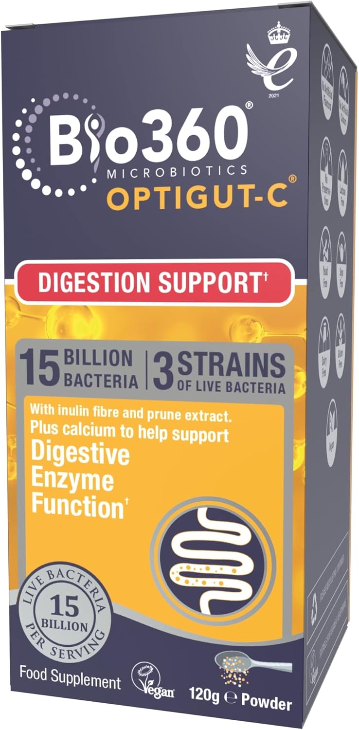 Natures Aid Bio360 OptiGUT-C Powder 120g – 15 Billion Live Bacteria Cultures – Supports Digestion, Gut Flora, Digestive Health, Immune System – High Potency, Vegan, Non-GMO, Gluten-Free Microbiotic