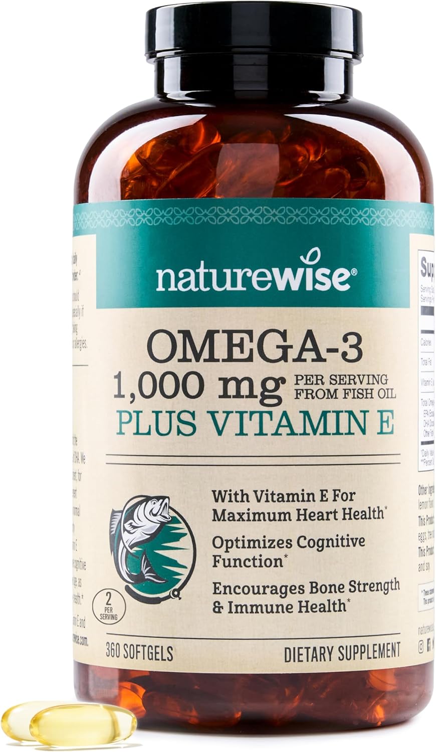 NatureWise Extra-Strength Omega 3 Fish Oil Supplement - 1000mg per Serving - 600 EPA & 400 DHA and Vitamin E - Support for Heart & Brain Health - Lemon Flavor, GMO-Free - 360 Softgels[6-Month Supply]