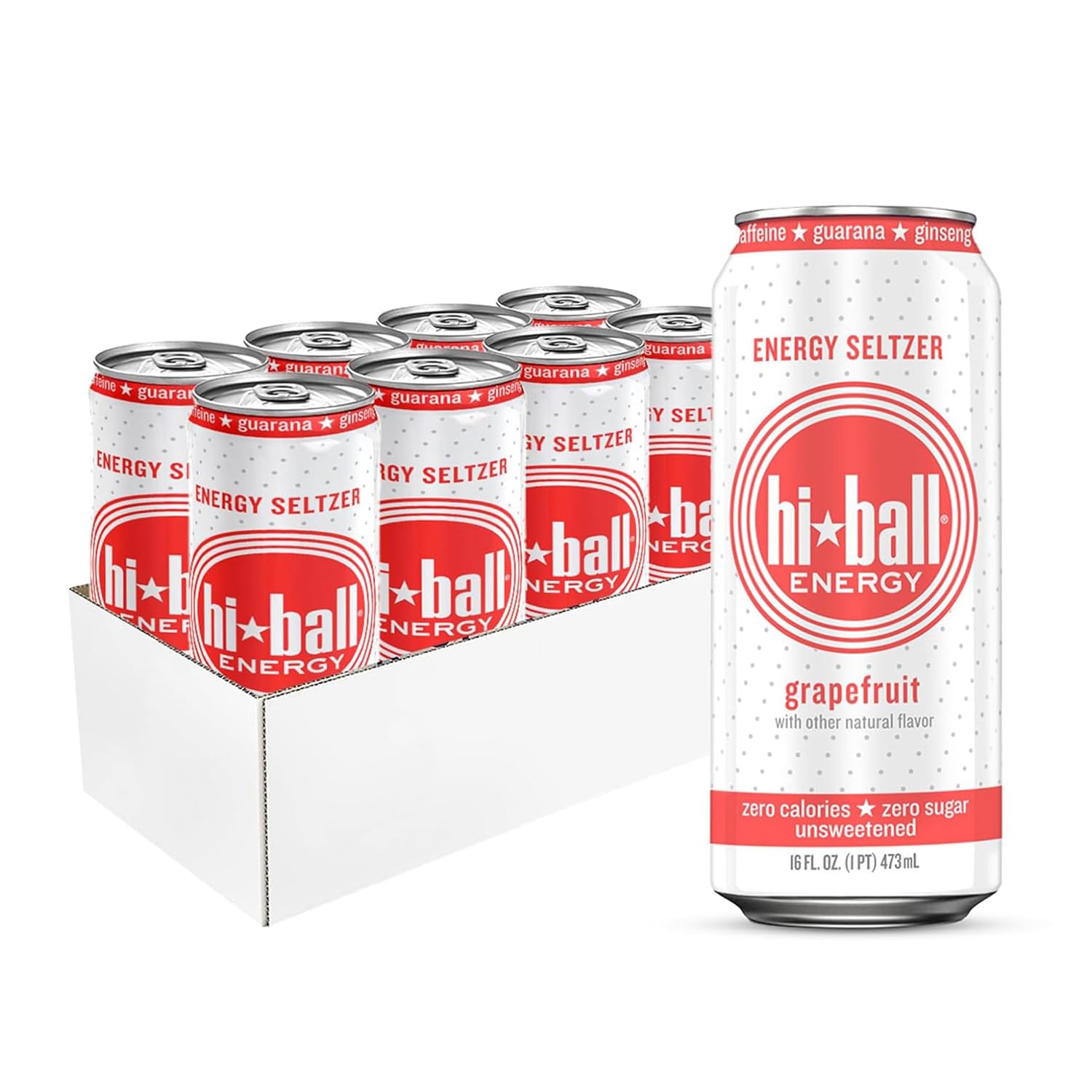 Hiball Energy Sparkling Water Zero Sugar and Zero Calorie Drink, Grapefruit, 16 Fl Oz ( 8 Count)