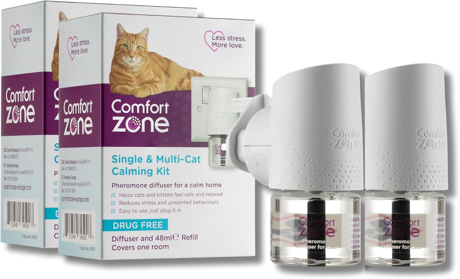 Comfort Zone Calming Pheromone Diffuser Starter Kit Twin Pack, for a Calm Single or Multi-Cat Home, (2 Diffuser kits, 2 refills)