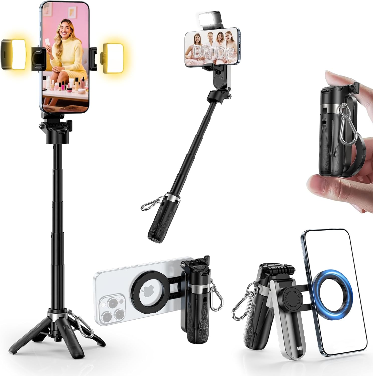 CloudValley Upgraded Magnetic Mini Selfie Stick Tripod with 2 Fill Lights, 4-in-1 Pocket Size Phone Tripod with 360° Rotation, Rechargeable Bluetooth Remote, Foldable Grip for iPhone Vlog Photo Video