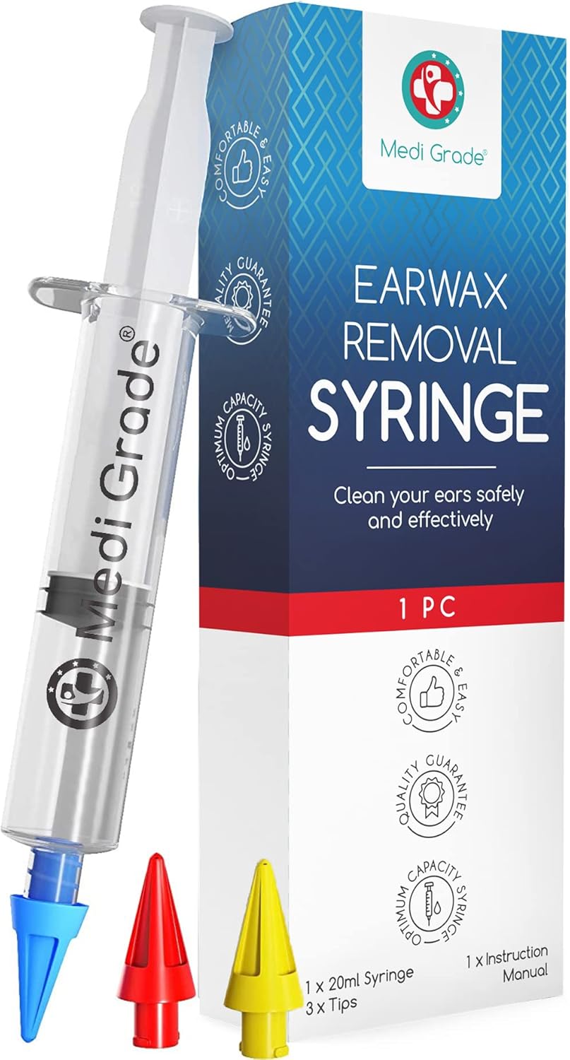 Medi Grade Ear Wax Removal Syringe - Natural Ear Cleaner for Safely Removing Ear Wax at Home - Reusable Ear Cleaning Kit with 3x Family Quad-Spray Safety Tips for Ear Irrigation - Ear Wax Removal Tool