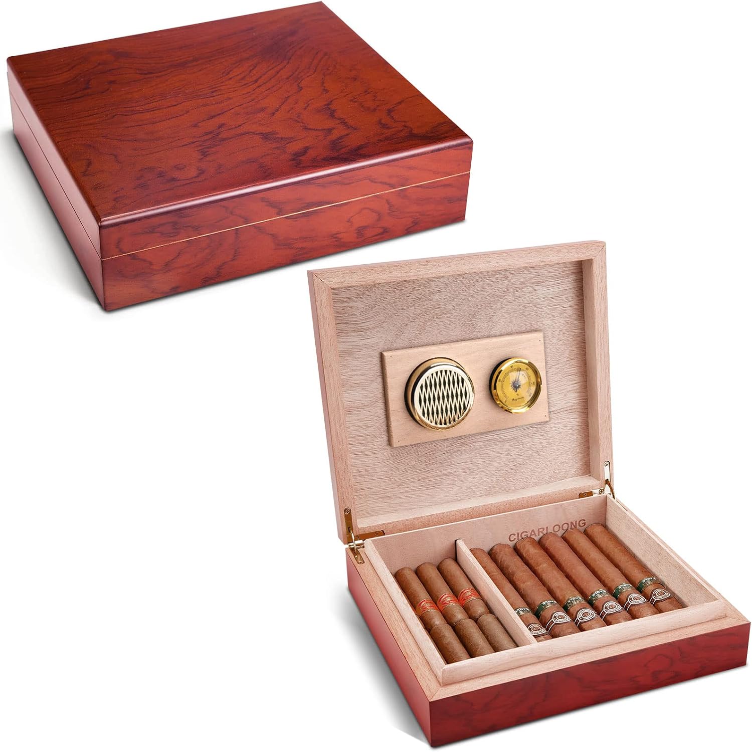 CIGARLOONG Cigar Humidor with Hygrometer and Humidifier Travel Cedar Wood Desktop Box Holds up to 15-20 Cigars (Cherry)